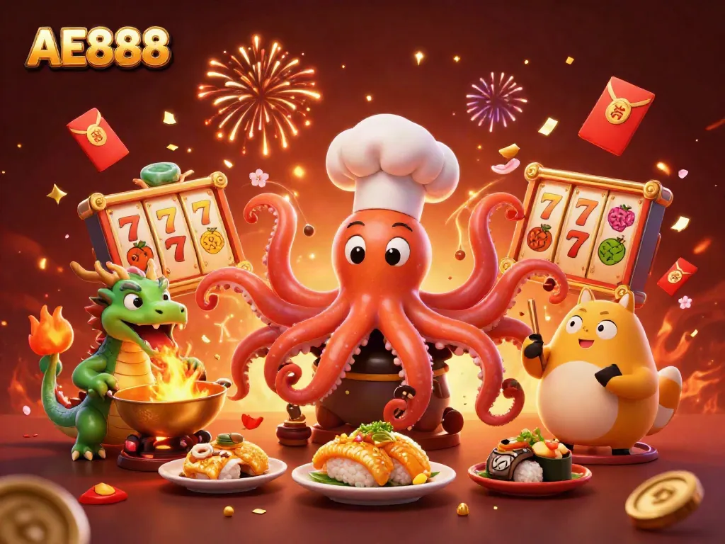 Engage with AE888 in a vibrant scene of a sushi chef octopus, dragon, and tanuki, featuring slot machines and festive elements.