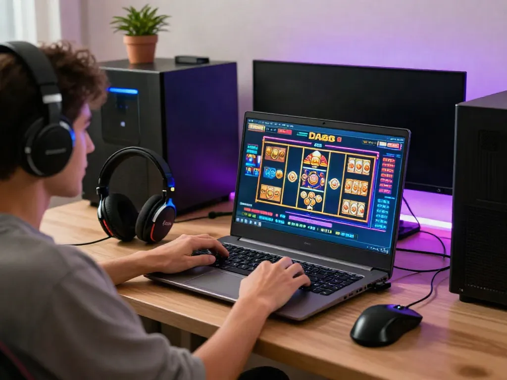 User enjoying an immersive online gaming experience with DA88, featuring vibrant slot game graphics and gaming accessories.
