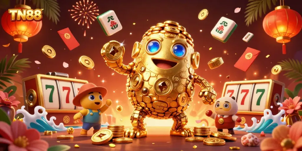 Experience the thrill of TN88 with a golden golem surrounded by vibrant casino elements.