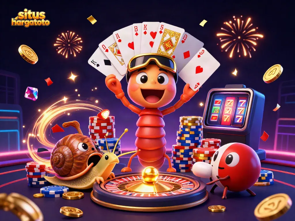 Experience thrilling gameplay at situs hargatoto with a vibrant casino illustration featuring playful characters and energetic elements.