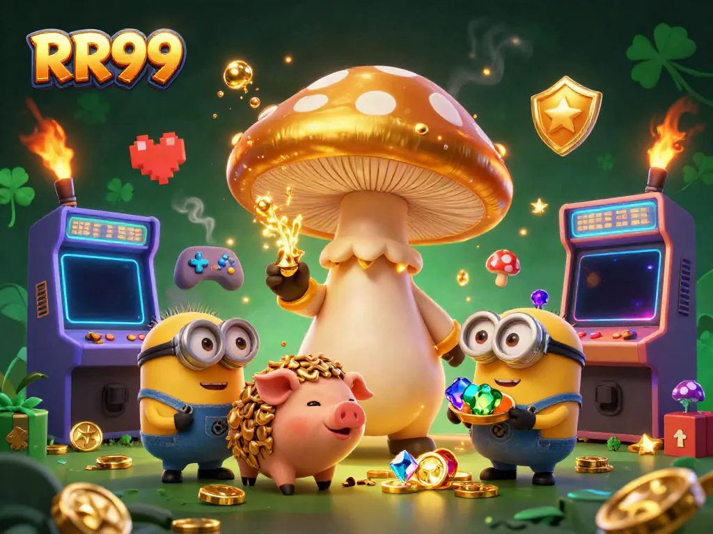 Try your luck with RR99's magical gaming experience surrounded by treasures and vibrant arcade elements.