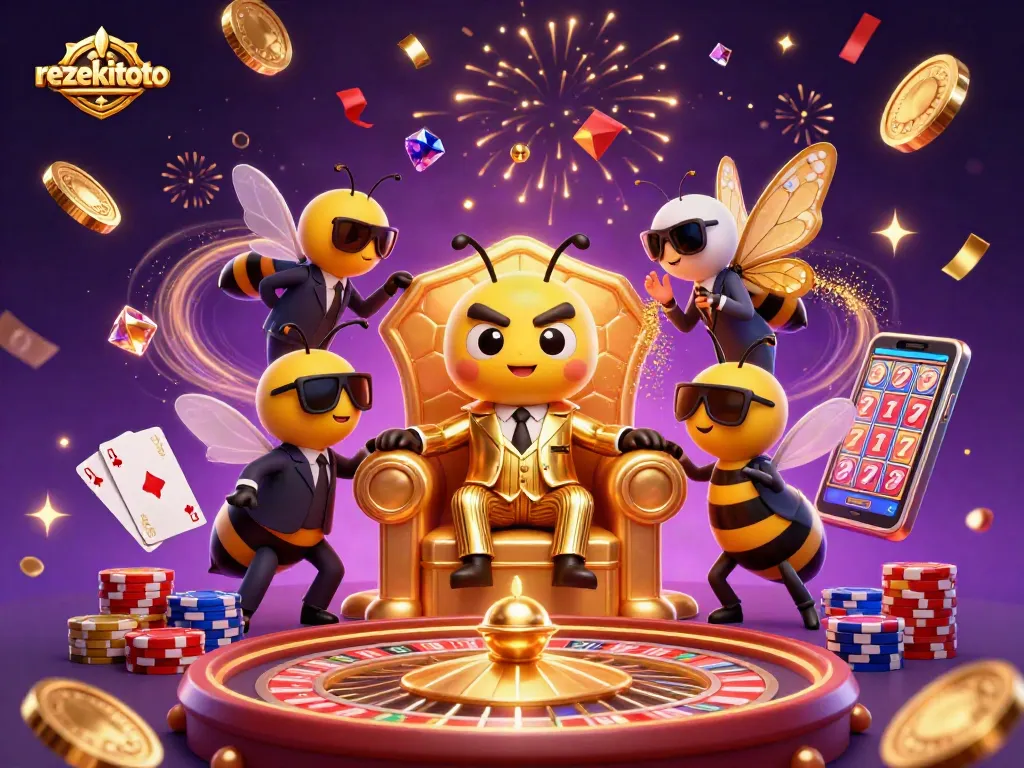 Experience exciting gameplay with rezekitoto's dynamic casino elements like cascading coins and royal flush cards.