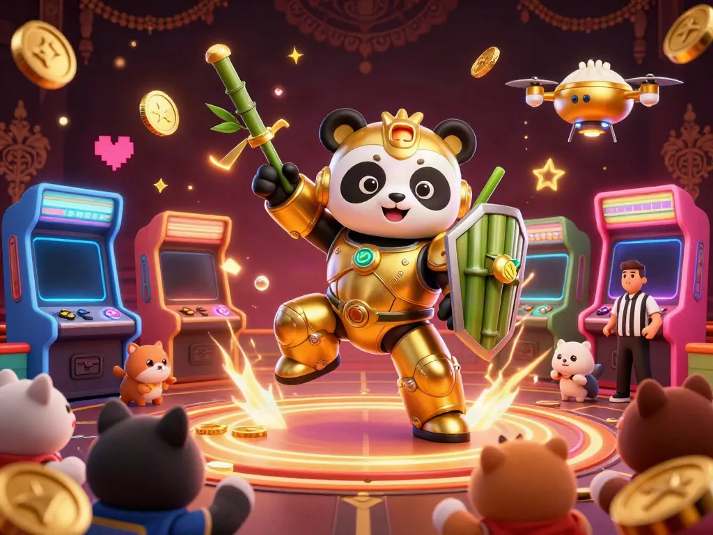Experience thrilling action with thapcamtv in a vibrant 3D casino scene featuring a mech-suit panda pilot.