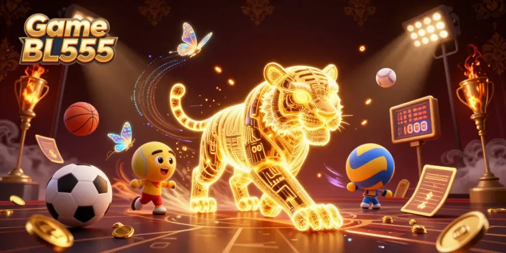 Immerse in Game BL555 with a dazzling digital casino scene featuring a vibrant light-powered tiger.