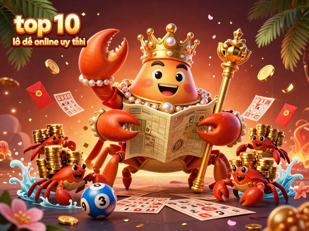 Visualize top 10 nhà cái lô đề online uy tín with a golden crab emperor and vibrant lottery elements in 3D