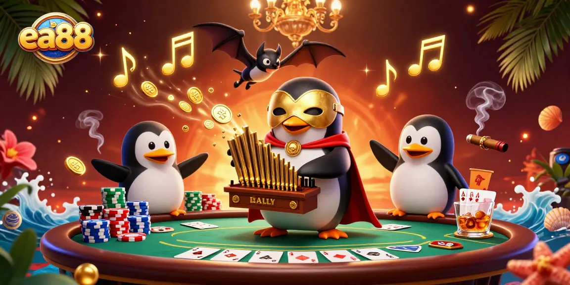 Experience the excitement of ea88 with a vibrant casino scene featuring a penguin organist.