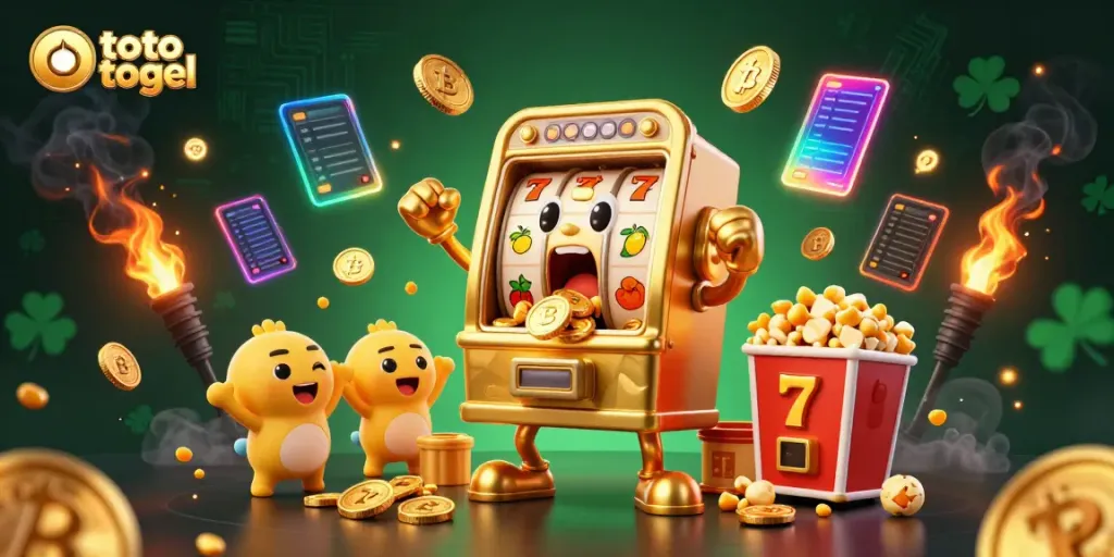 Gambarkan permainan toto togel dengan mesin slot emas yang beruntung memuntahkan koin dan mesin slot bayi merayakan.
