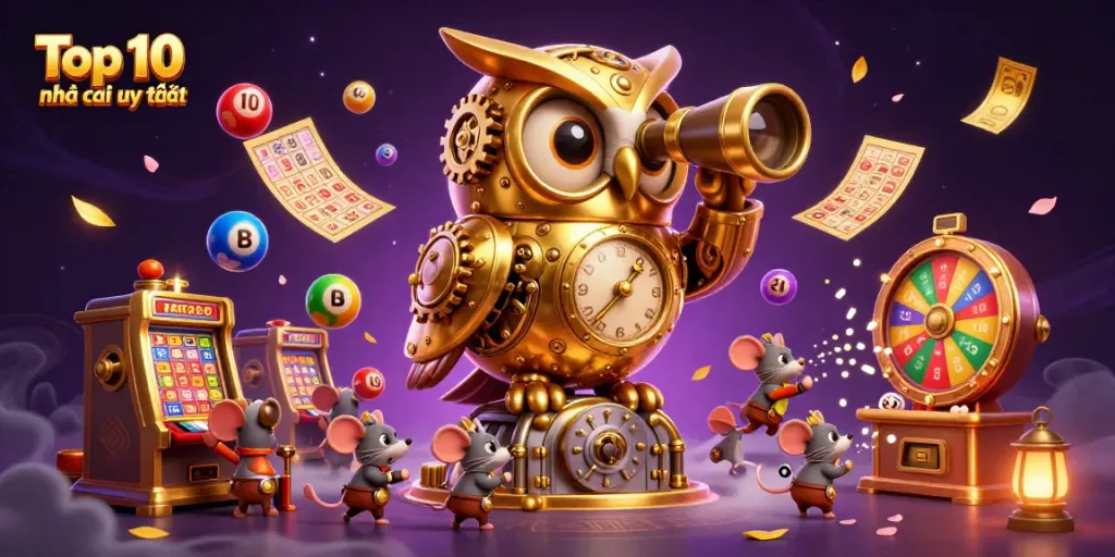 Engage with the exciting Top 10 nhà cái uy tín featuring a colorful casino scene filled with dynamic game elements.