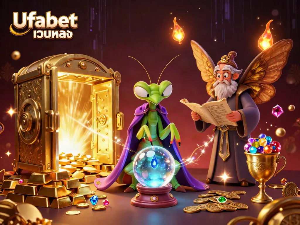 Experience fortune with Ufabet เว็บตรง through a detailed scene of magical characters and casino riches.