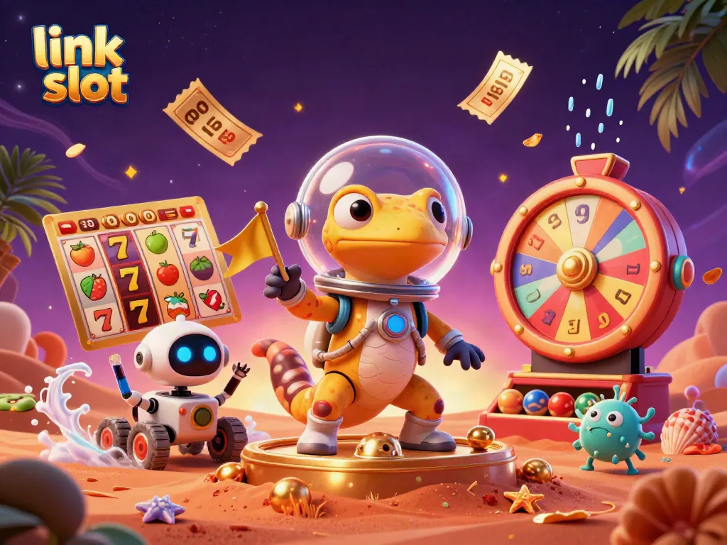 Spin to win with link slot machine features in a captivating 3D casino setting.