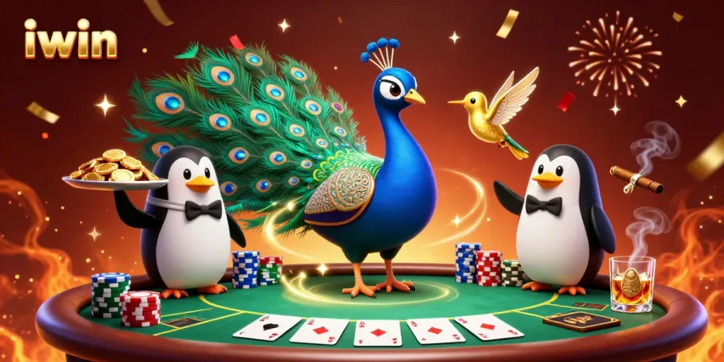 iwin showcases an exciting casino scene with a peacock, penguin, and hummingbird playing poker.