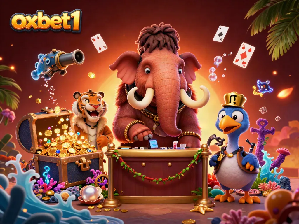 Playing at oxbet1, a woolly mammoth bouncer checks IDs while a saber-tooth VIP guest arrives at the casino.