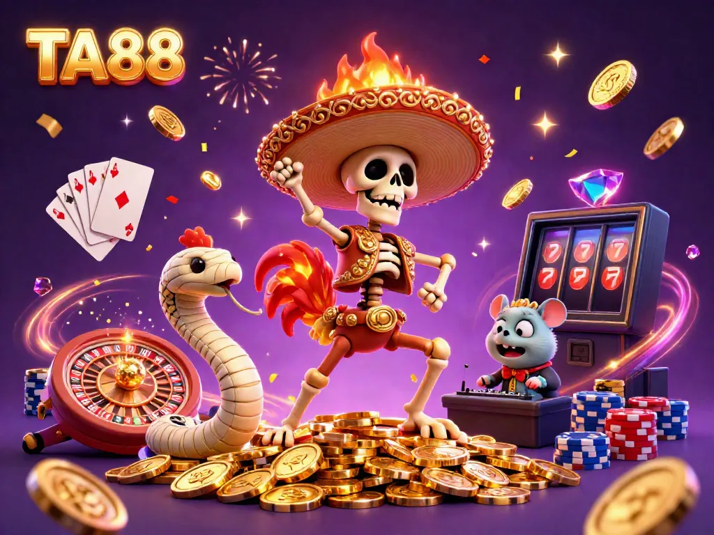 Celebrate wins with TA88: 3D cartoon fiesta of characters dancing atop golden coins amidst vibrant casino elements.