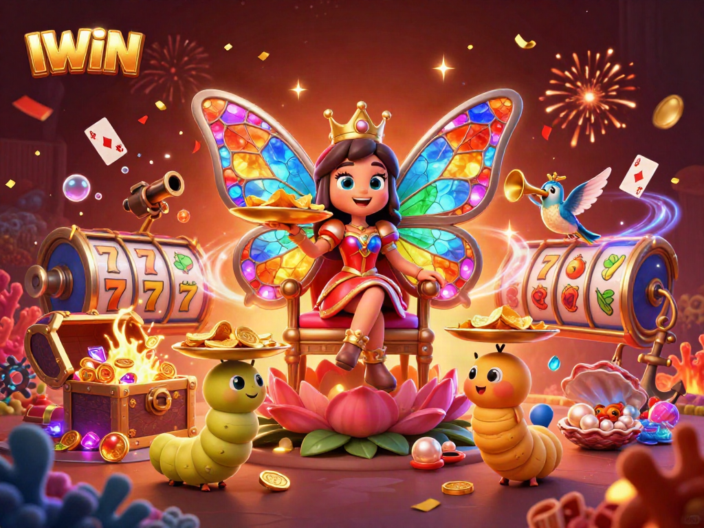 Experience IWIN's vibrant casino scene with a butterfly queen and dynamic gaming elements.