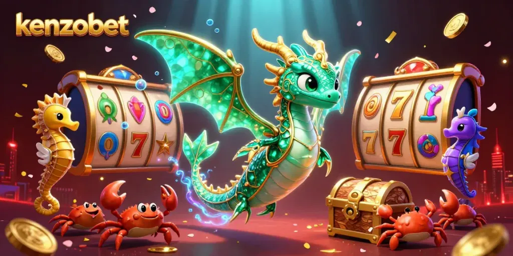 Kenzobet offers players an exciting casino experience featuring vibrant dragon and slot machine elements.