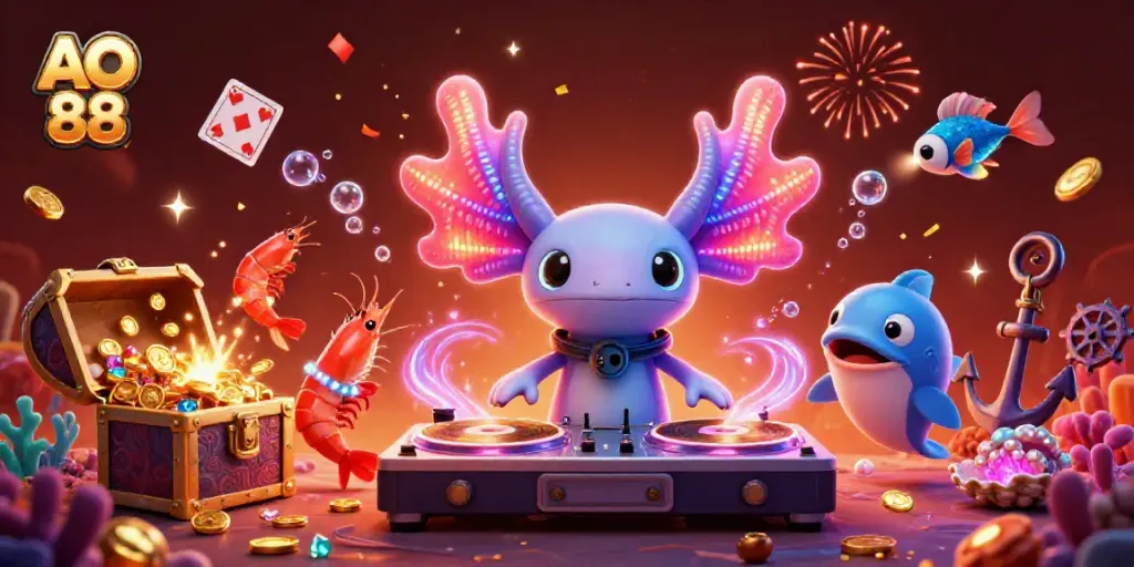 Engage in melodic gaming beats with AO 88, featuring vibrant underwater DJ and lively sea creatures.