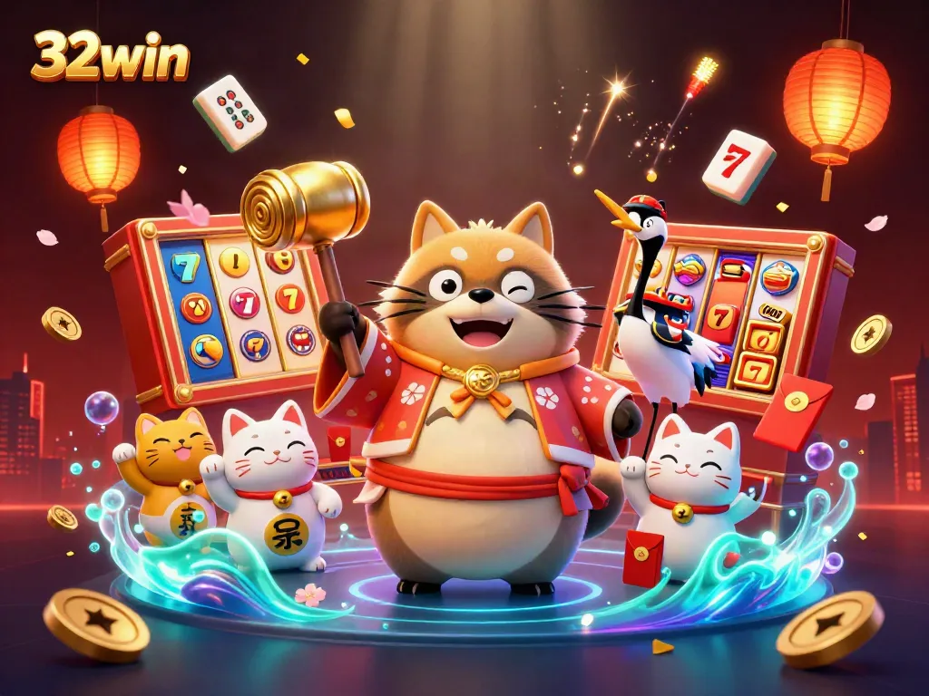 Experience thrilling wins at 32win with a vibrant illustration of casino characters and gaming elements.