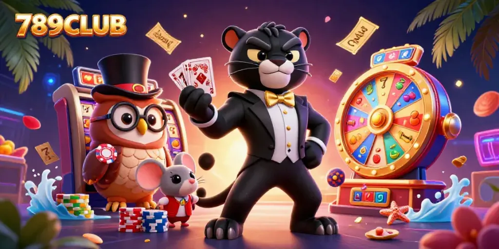 Join the excitement at 789CLUB with a stylish panther dealing cards, an owl with poker chips, and vibrant slot game elements.