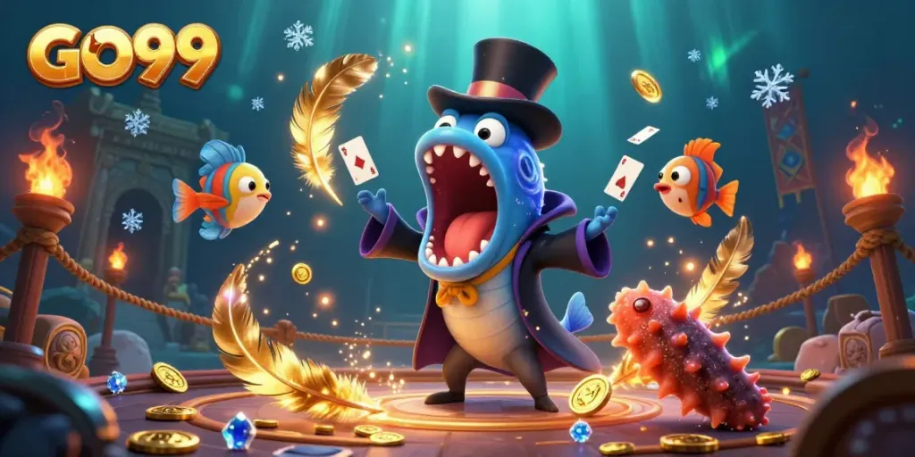 Experience the captivating magic of GO99 with vibrant sea creatures performing in a lively underwater casino scene.