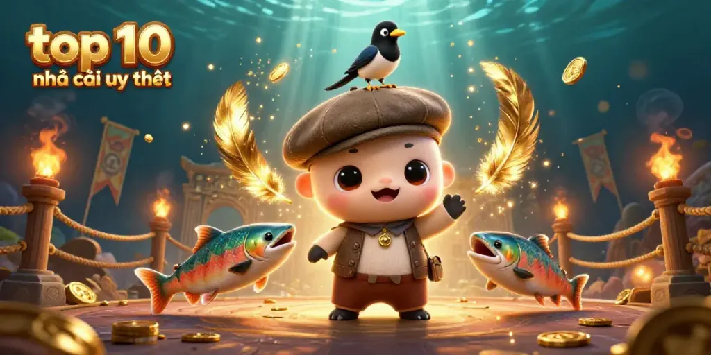 Explore top 10 nhà cái uy tín with playful cartoon characters in a vibrant underwater casino scene.