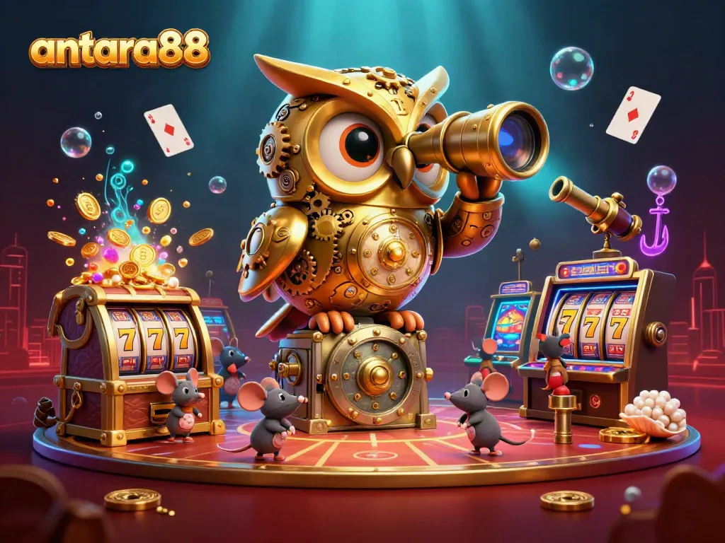 Experience gaming excitement with antara88, featuring a whimsical golden owl surveying a vibrant casino.