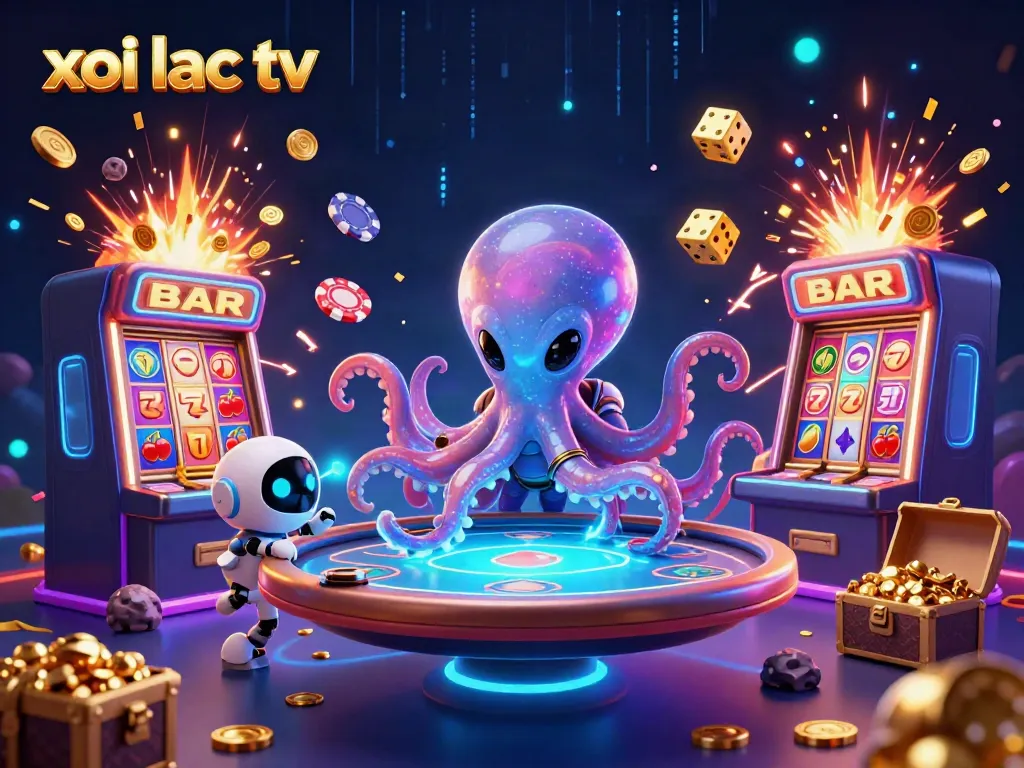 Experience thrilling moments with xoi lac tv as a vibrant casino scene featuring an alien octopus and poker games.