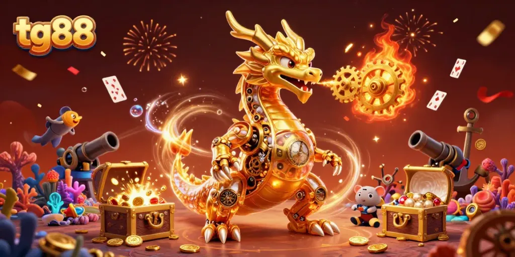 Experience the thrilling world of tg88 with a stunning 3D illustration showcasing a golden dragon, treasure, and iconic casino elements!