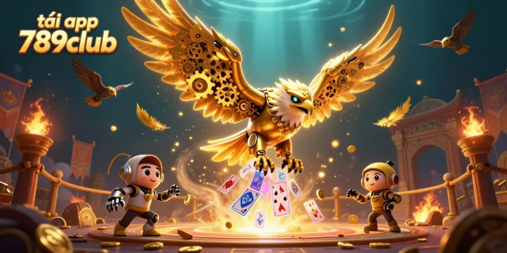Engage with the thrilling tải app 789club experience featuring a cybernetic eagle amidst dynamic casino elements.