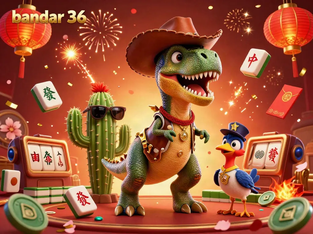 Slot gacor yang megah di bandar 36, dengan dinosaurus cowboy, slot, dan koin keberuntungan bertebaran.