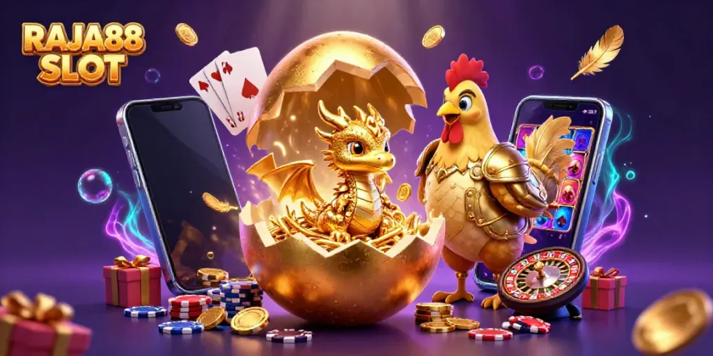 Engage with the vibrant RAJA88 SLOT gaming scene featuring golden dragon and casino elements.