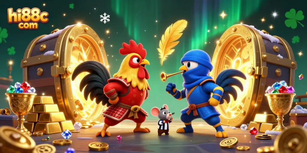 Experience the excitement of hi88c com with animated fighting roosters and treasure, capturing the thrill of gaming.