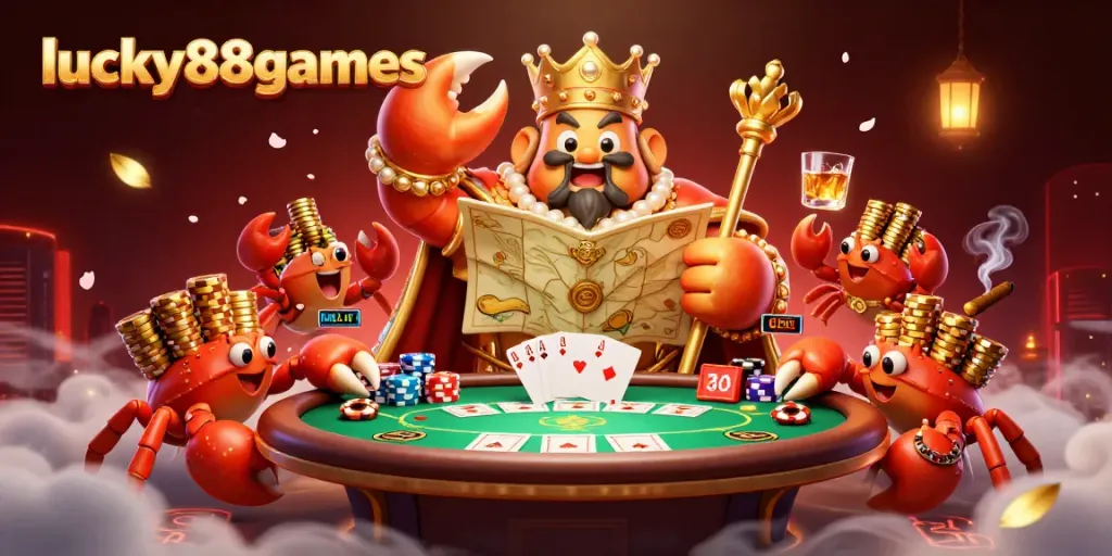 Play with casino excitement at lucky88games featuring a golden crab emperor and vibrant poker scene.