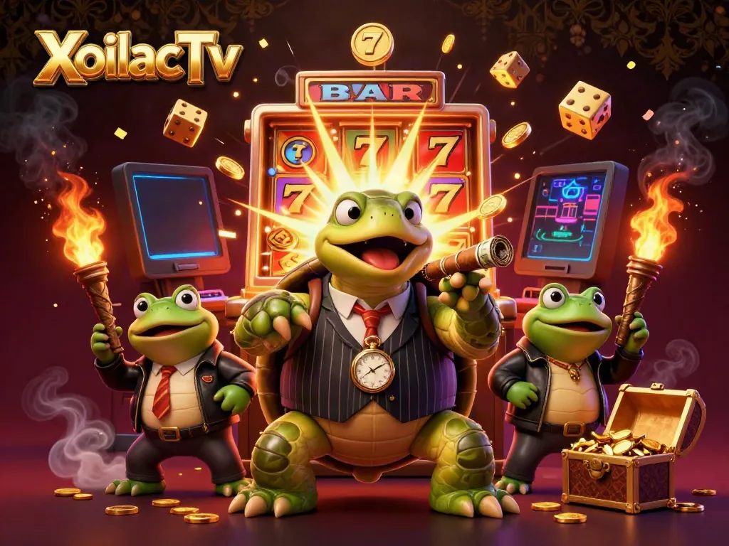 XoilacTv captures an energetic casino scene with a cartoon turtle in a mobster suit and enforcers.