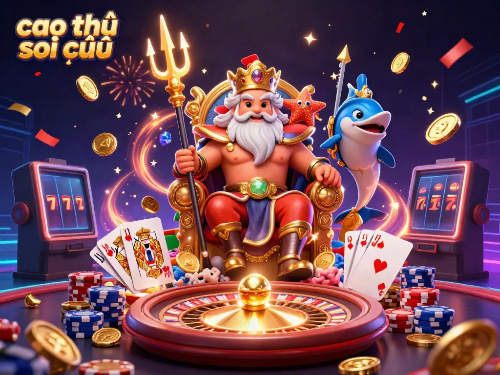 Cao thủ soi cầu illustration showcasing Neptune in a lively casino scene with coins and cards.