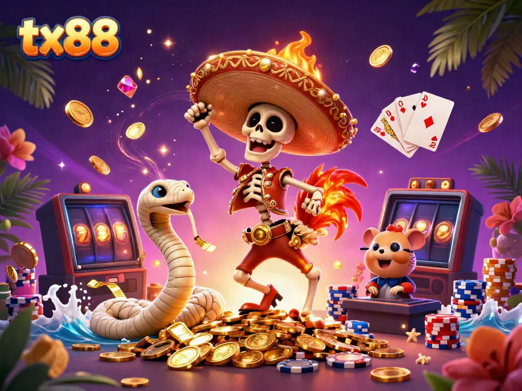 Experience the excitement of tx88 in this vibrant casino scene featuring animated characters celebrating on a treasure of coins.