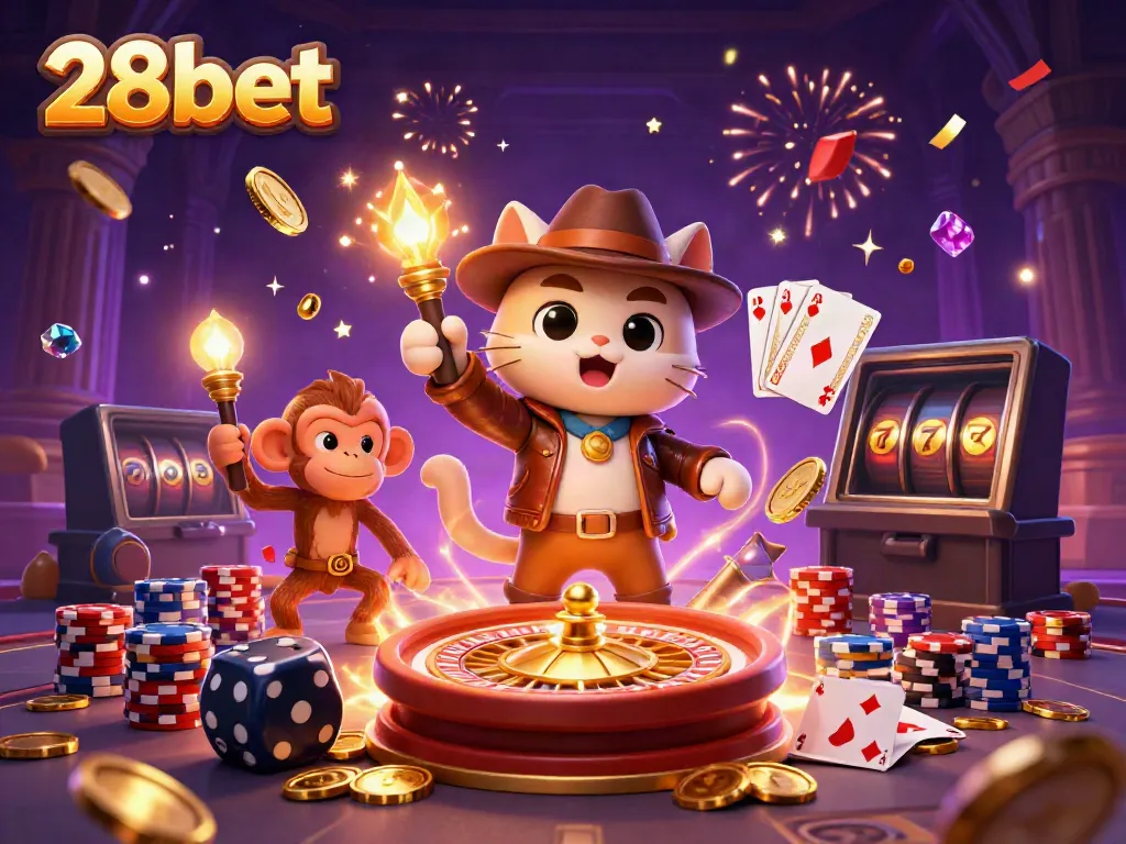 Engage with thrilling 28bet gameplay featuring a cartoon archaeologist cat and treasures in a vibrant casino scene.