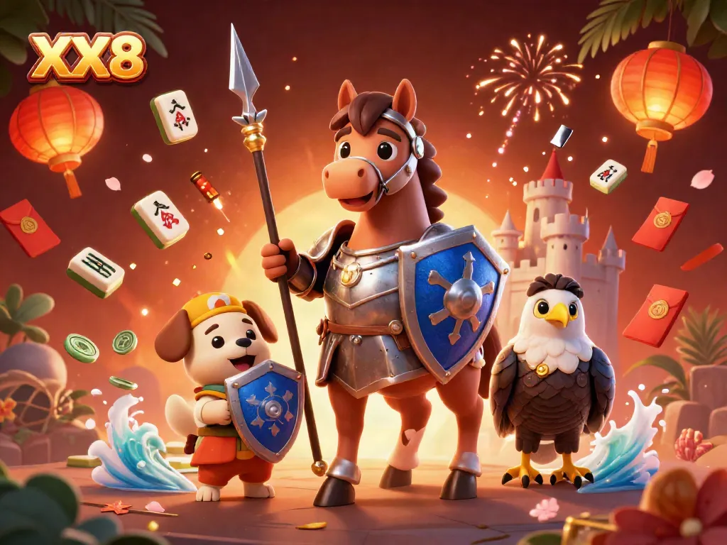 Engage with XX8's dynamic gaming scene featuring a knight, puppy, and falcon amidst vibrant casino elements.