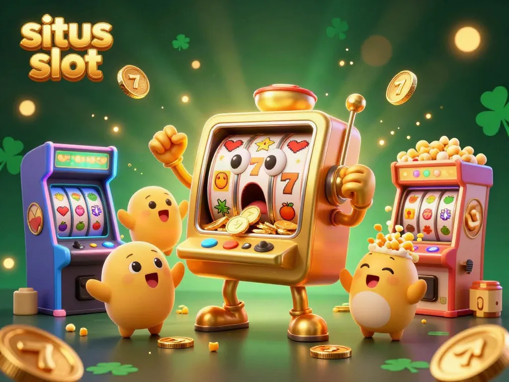 Situs slot scene showcasing a golden slot machine hitting a jackpot, with celebratory baby machines and popcorn kernels.
