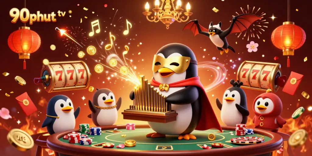 Engage with 90phut tv's thrilling casino adventure in a vibrant 3D illustration packed with excitement.