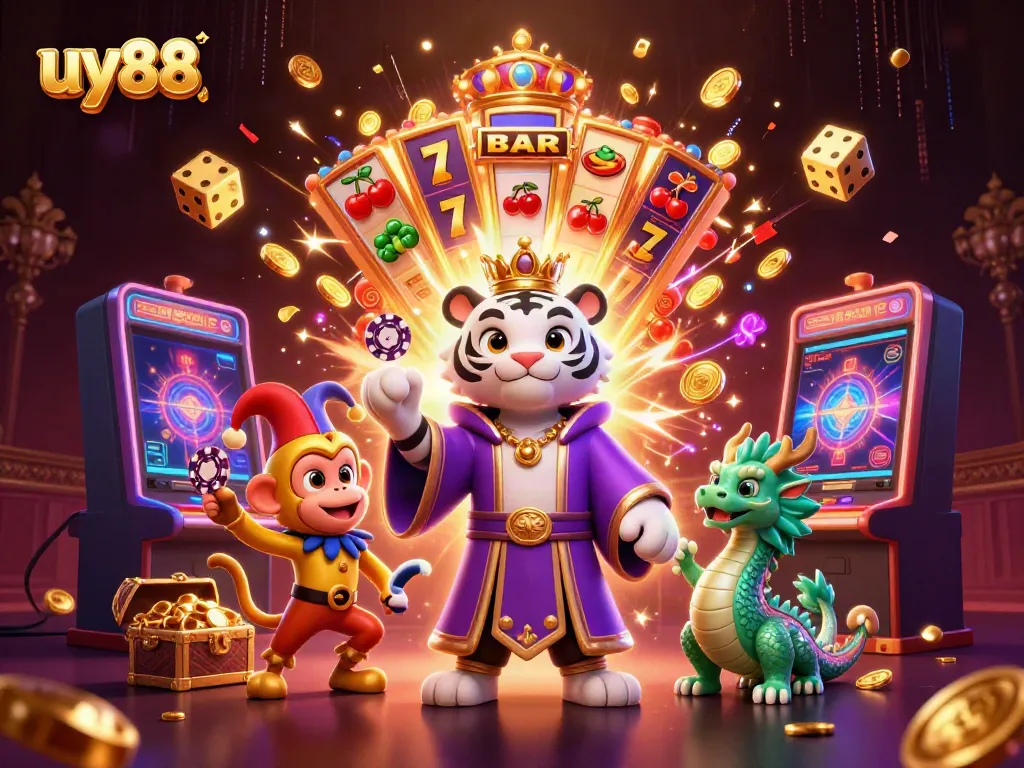 Experience winning excitement at uy88 with a vibrant 3D casino scene featuring iconic gaming symbols.