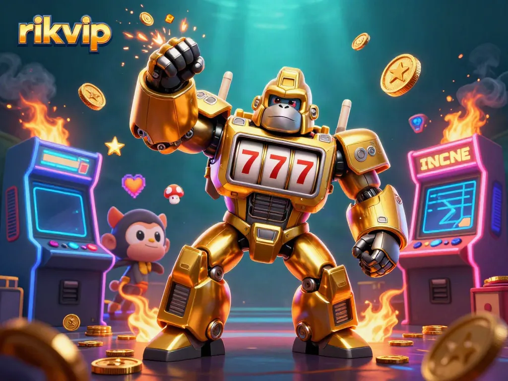 Experience the thrill of rikvip with a dynamic casino-themed 3D illustration featuring a golden gorilla mech.
