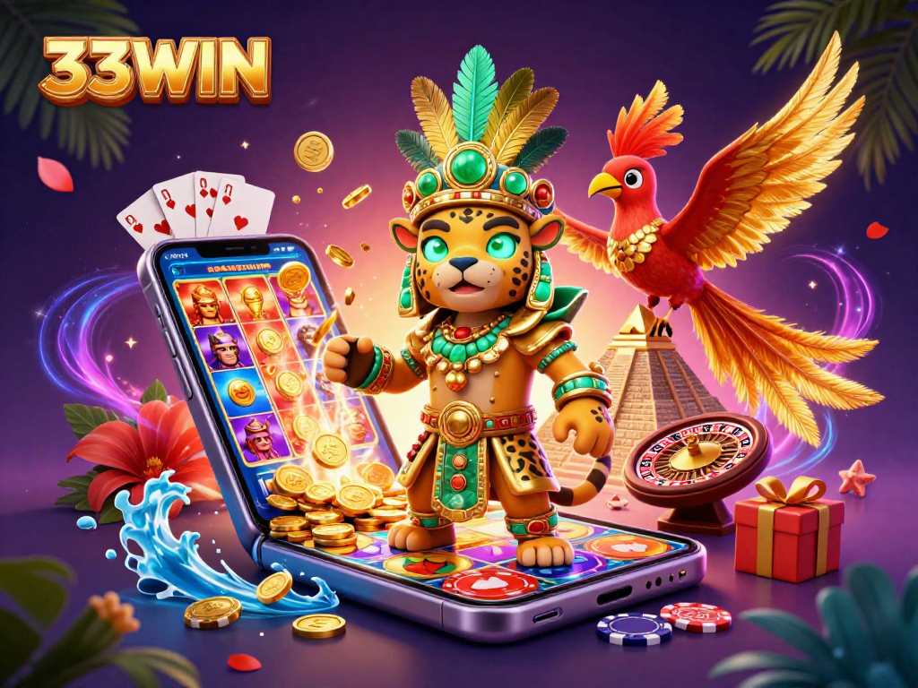 Experience the excitement of 33WIN with vibrant slot games and engaging characters in a dynamic casino scene.