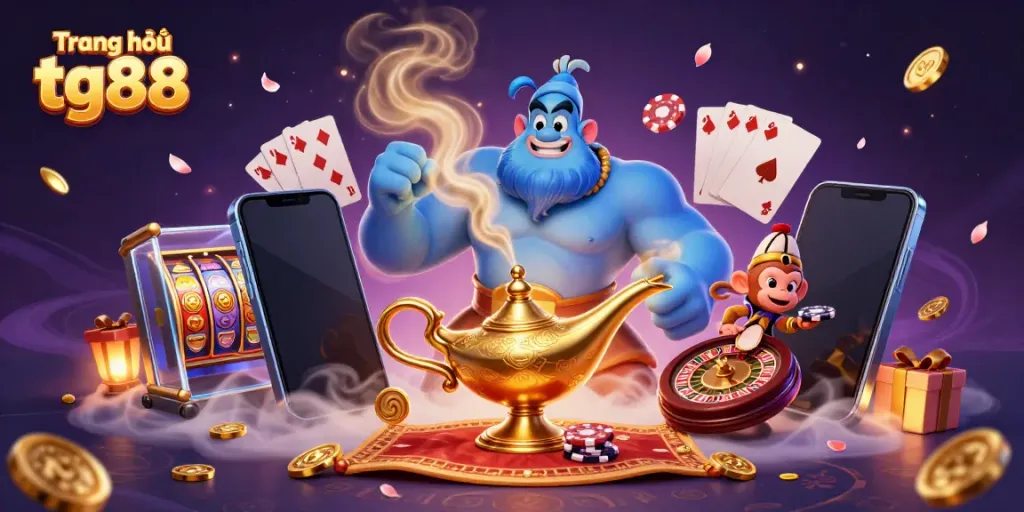 Experience the magic at Trang chủ tg88 with a vibrant 3D scene featuring a genie, monkey, and a flying carpet filled with poker chips.