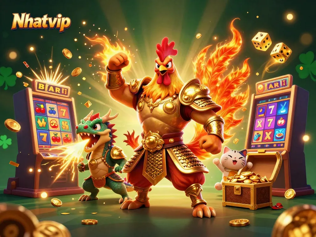 Nhatvip showcases an energized scene with a rooster warrior, dragon hatchling, and fortune cat amid a jackpot explosion.