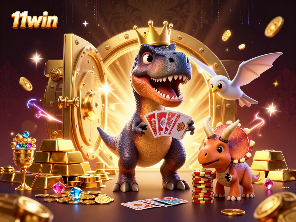11win brings excitement as a T-Rex plays cards with gems and gold in a thrilling casino scene.