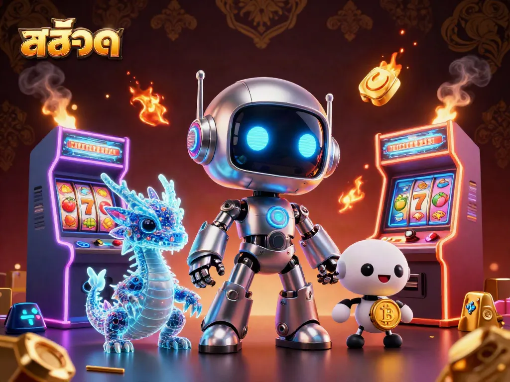 Spin the สล็อต reels with a dazzling 3D casino illustration featuring a futuristic robot and dragon companions.
