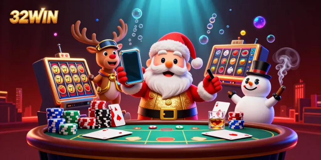 Spin and win at 32WIN's exhilarating digital casino, as Santa and friends enjoy exciting slot games.