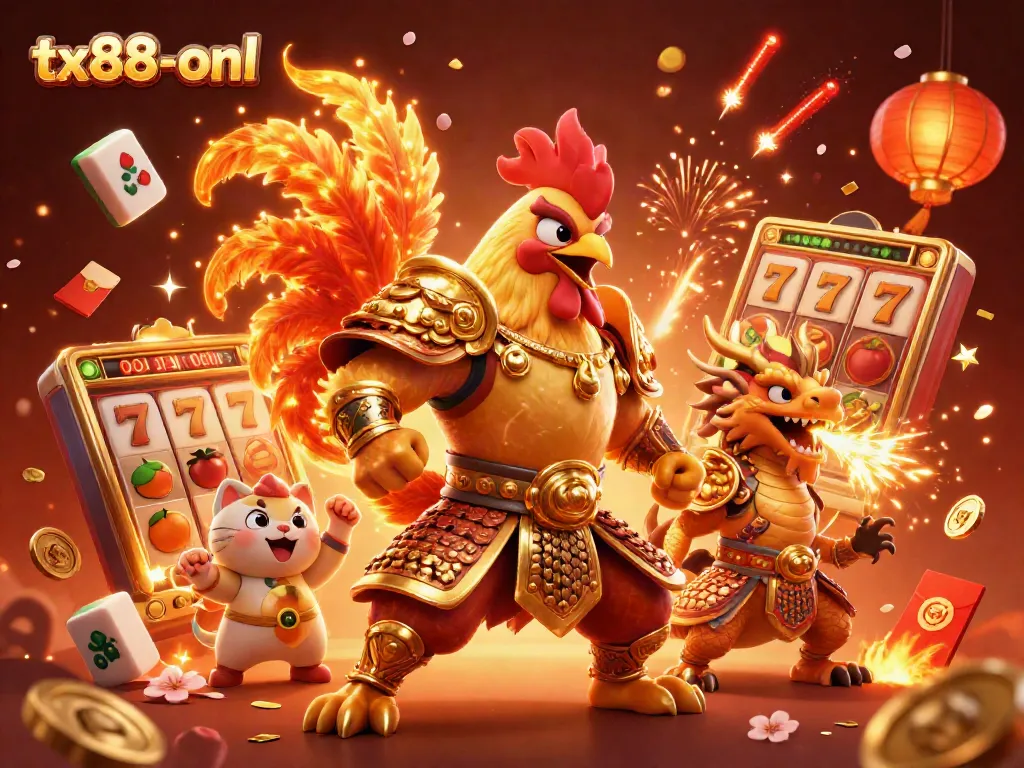 Engage with exciting slots at tx88-onl with a dynamic scene featuring vibrant characters and casino elements.