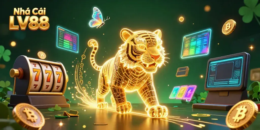 Experience the thrill with Nhà Cái LV88 in a vibrant digital casino scene featuring a glowing golden tiger.
