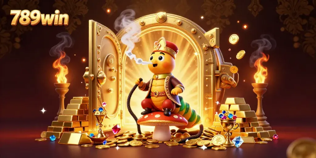 Experience the thrill of 789win in a vibrant casino-themed illustration featuring golden treasures and gaming symbols.